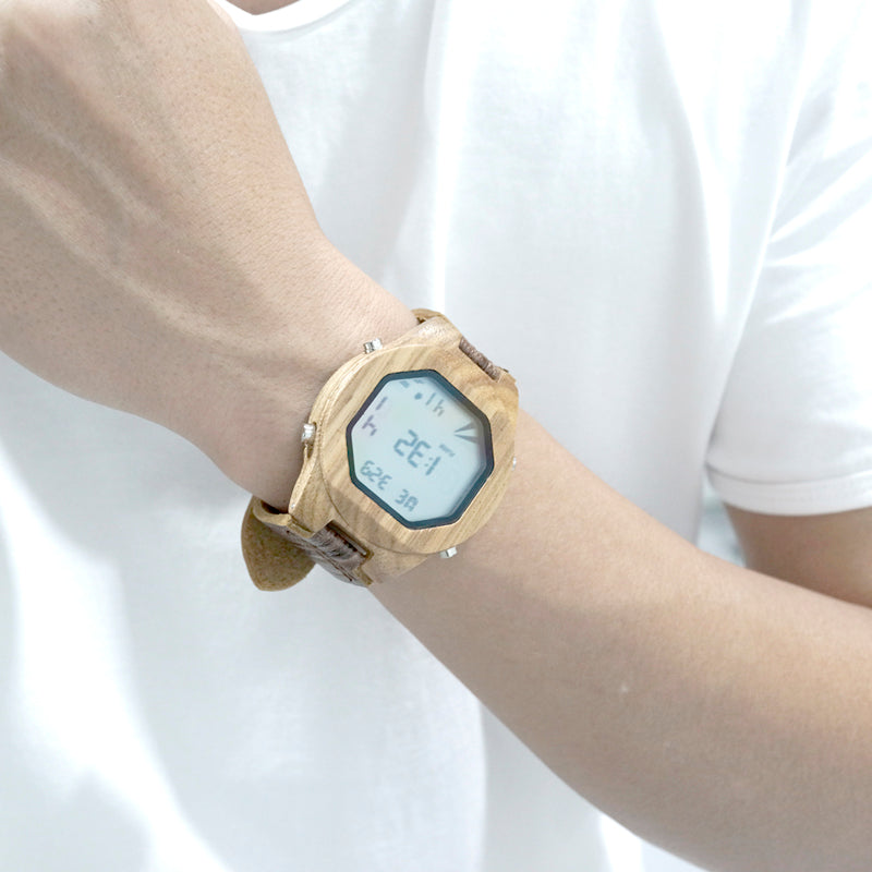 Wooden Digital Watch with Genuine Leather Band