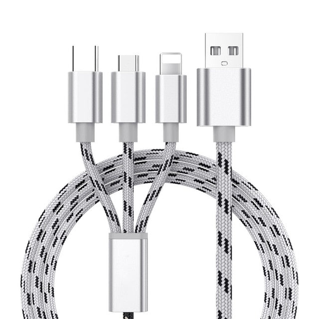 3 In 1 USB Charger Cable with Lightning, Micro USB, Type C Connectors for Various Smart Phones
